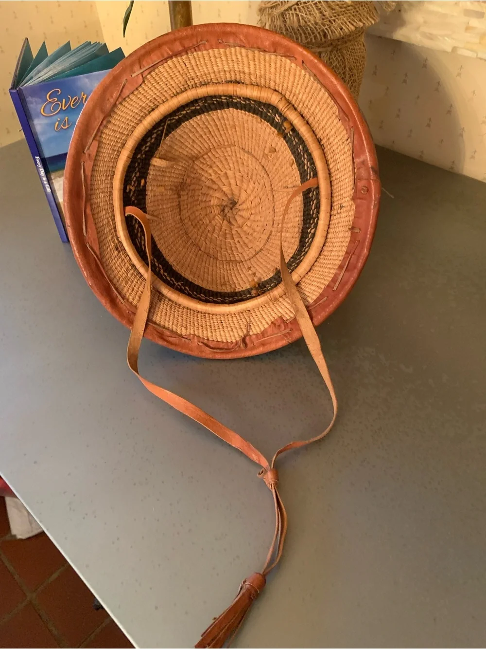 VINTAGE Fulani Hat from West Africa, HANDMADE Conical fiber straw leather trim.